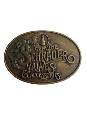 Vintage Schrader Valves & Accessories Belt Buckle 1977 Brass Tone Automotive